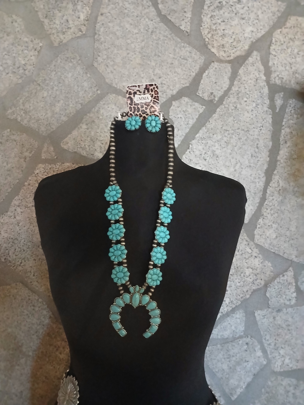 Turquoise Floral Squash Blossom Necklace and Stud Earrings - Unbranded MMA Tag